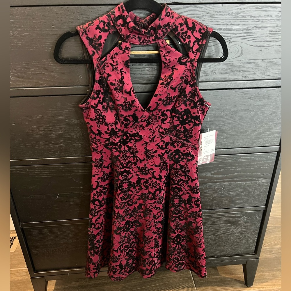 Maroon and black print dress, above knee size small